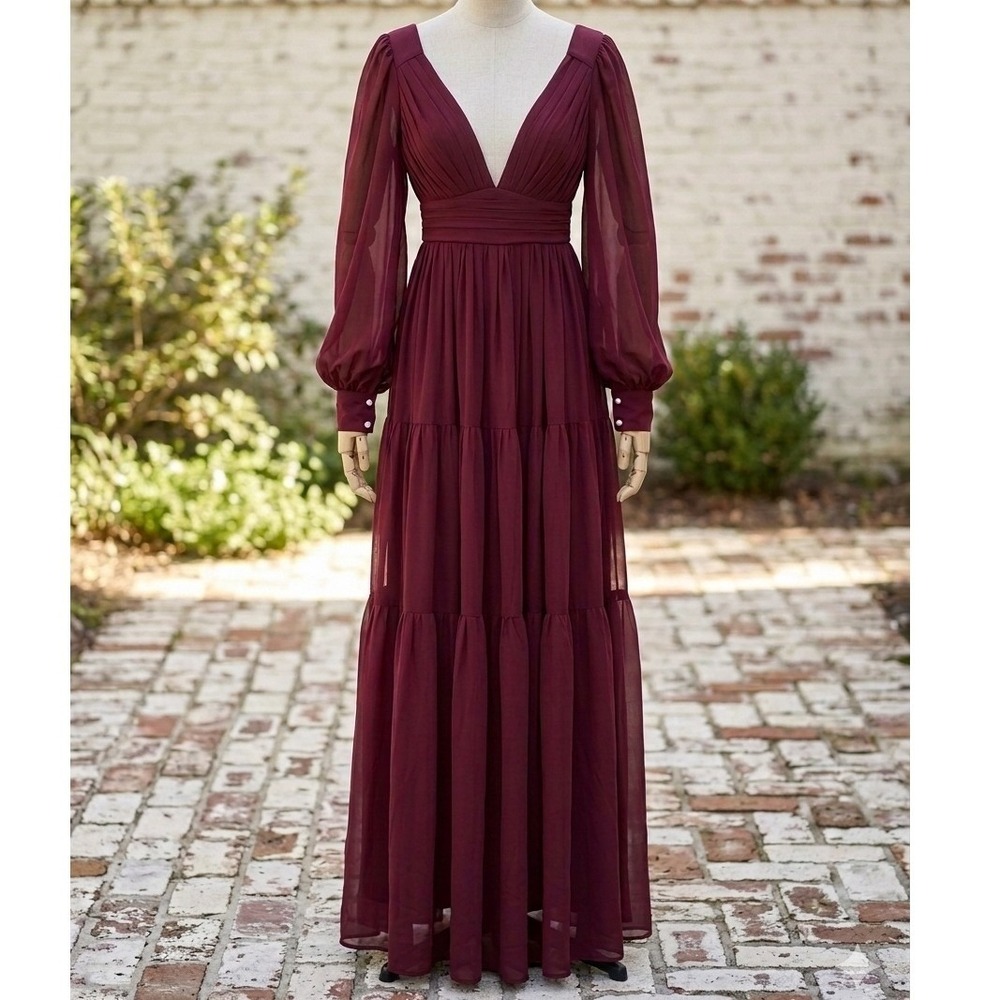 Maxi Dress Wine Red Corset Back Long Sleeve Chiffon Prom Gown Occasion Formal M